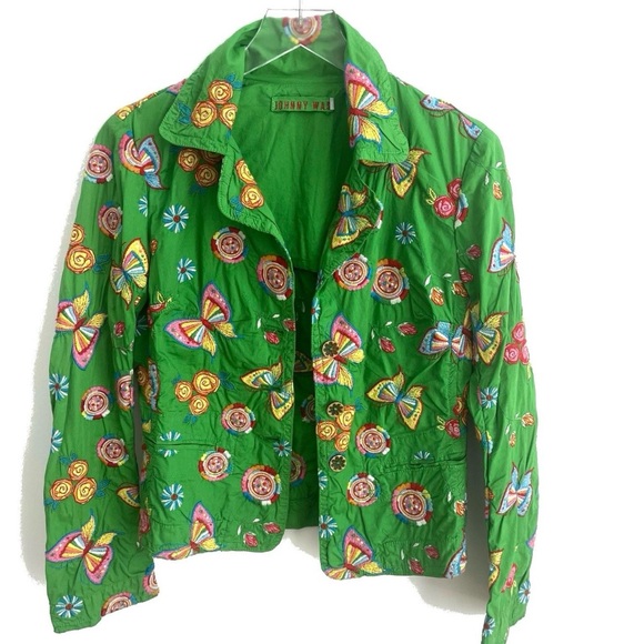 Johnny Was Green Butterfly Floral Embroidered Cropped Jacket Boho Size Small - Picture 3 of 9